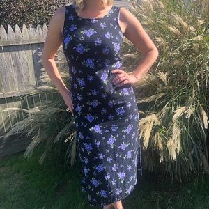 Vintage black midi dress with flowers & subtle leg
